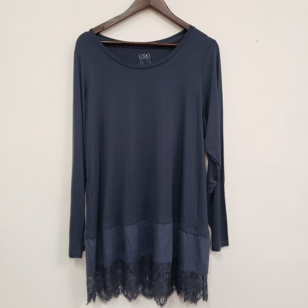 Lace-Hem Long Sleeve Top - LOGO by Lori Goldstein Brand - Navy